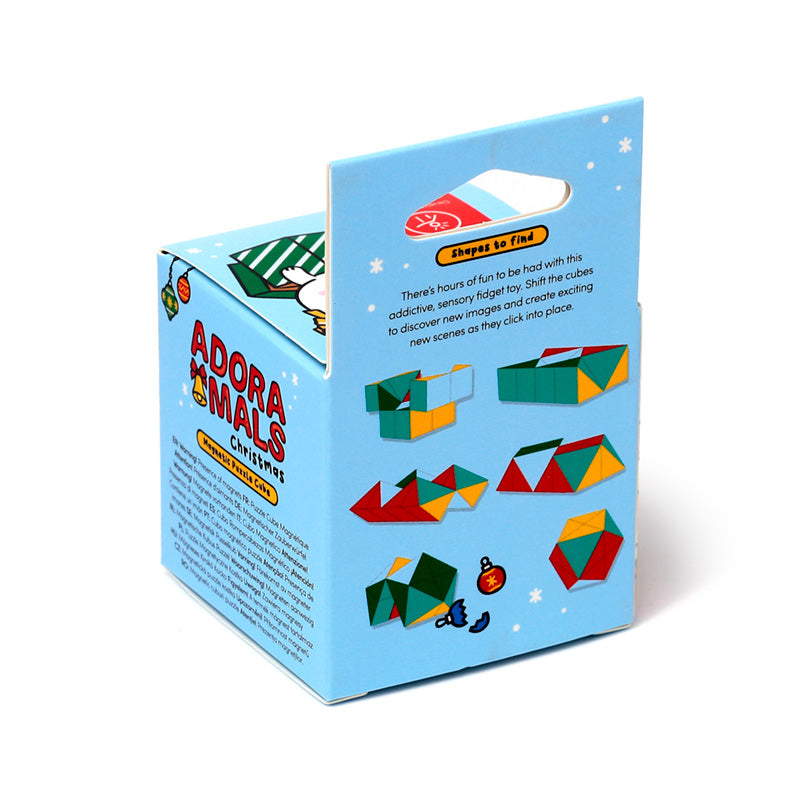 Adoramals Christmas toy packaging with colourful geometric shapes on a white background