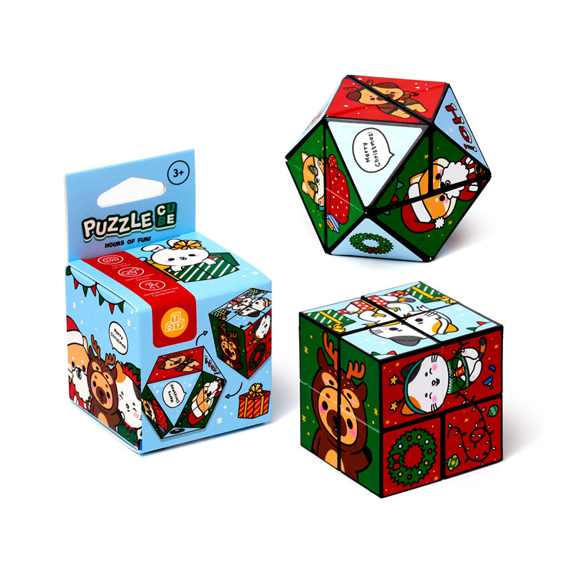 Christmas-themed puzzle cube with packaging on a white background