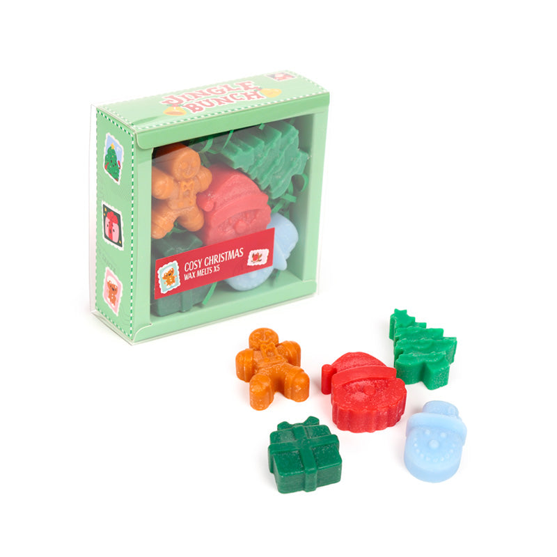 5 Christmas themed wax melts next to a box on a white background
