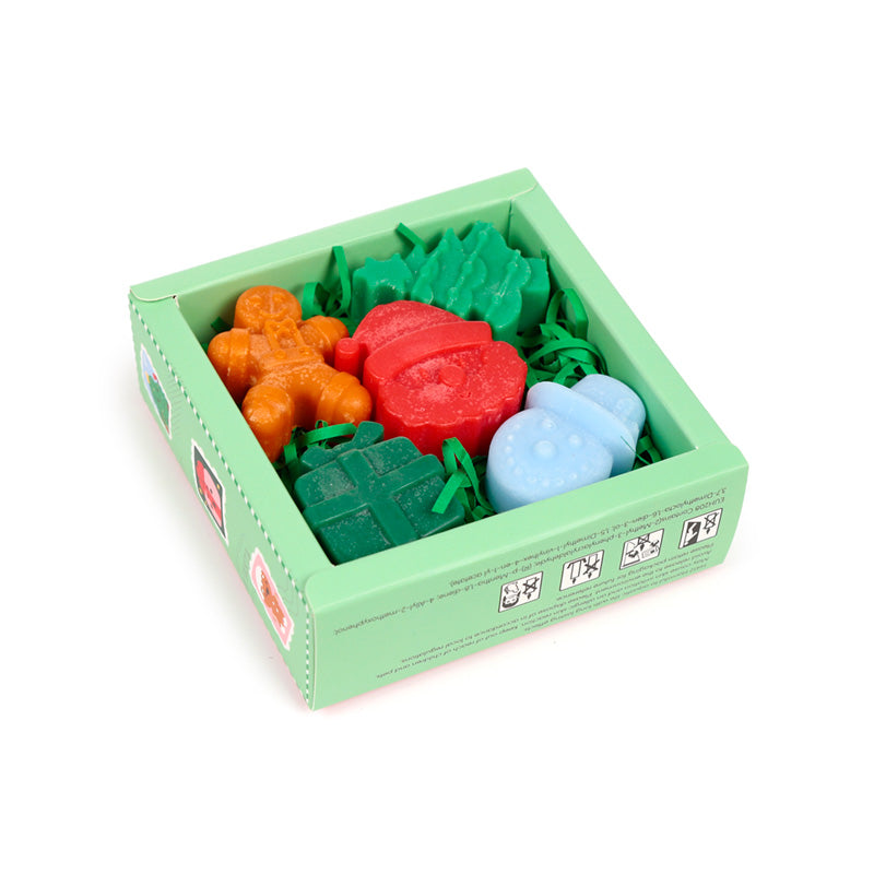 5 Christmas themed wax melts in a box on a white background