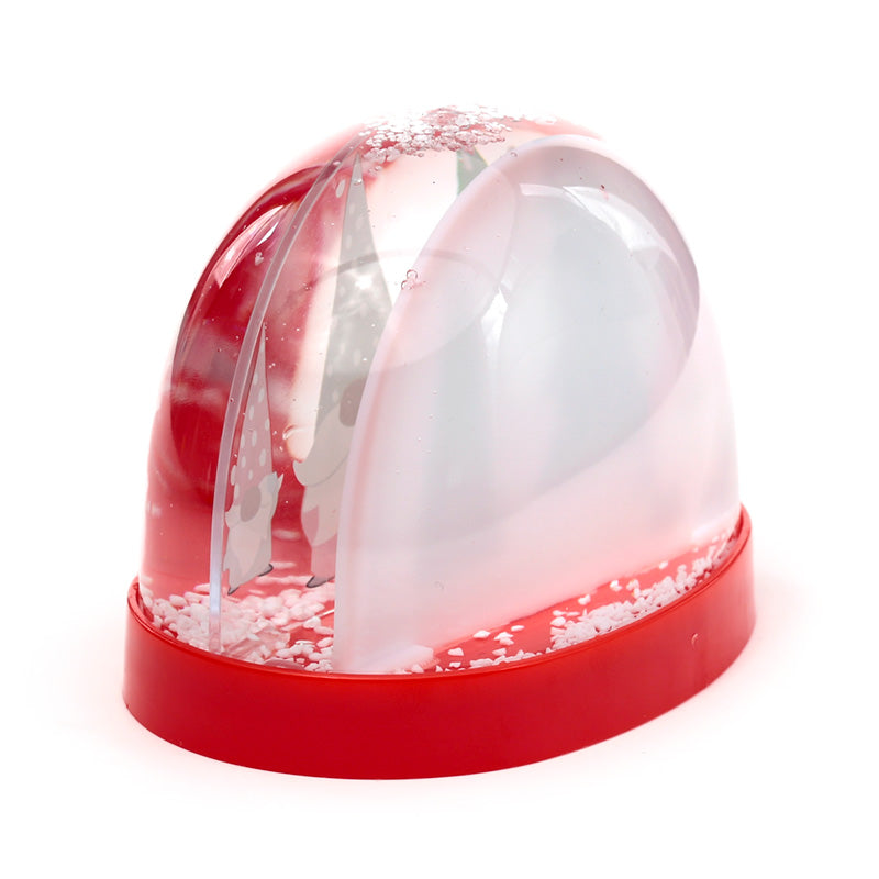 Red snow globe with a white Christmas tree inside on a white background