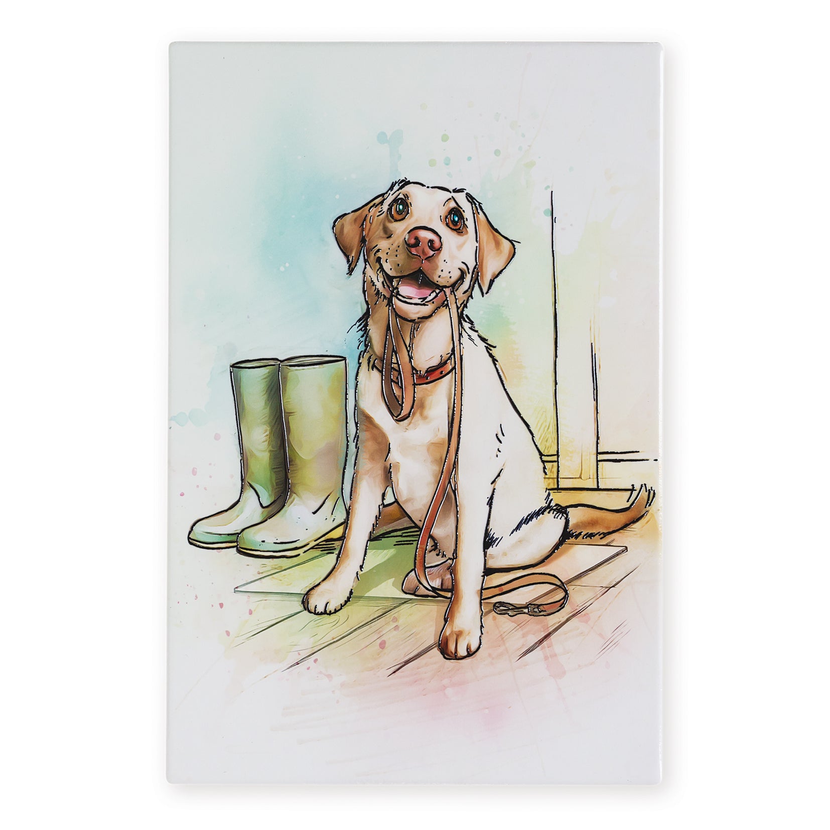 Illustration of a dog sitting next to green boots on a wooden floor.