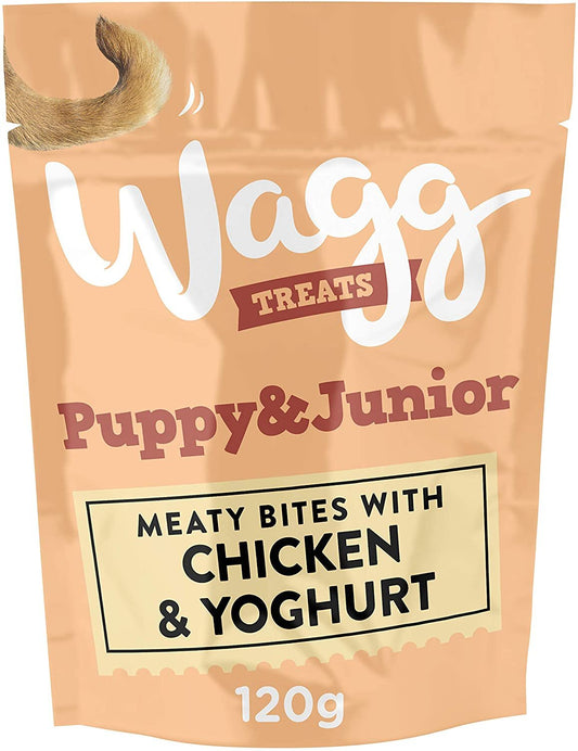 Wagg Puppy & Junior Treats - Chicken & Yoghurt Meaty Bites 120g on a white background