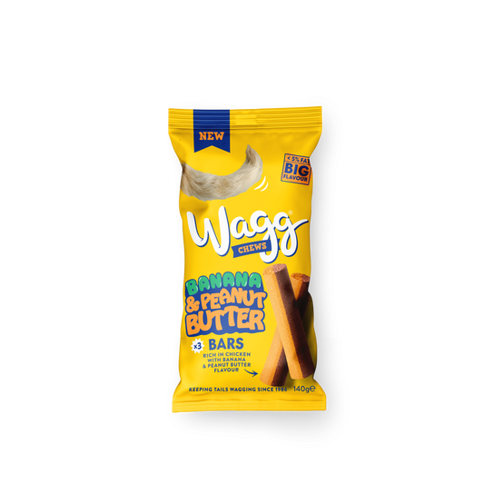 Yellow package of Wagg Banana & Peanut Butter Chews on a white background