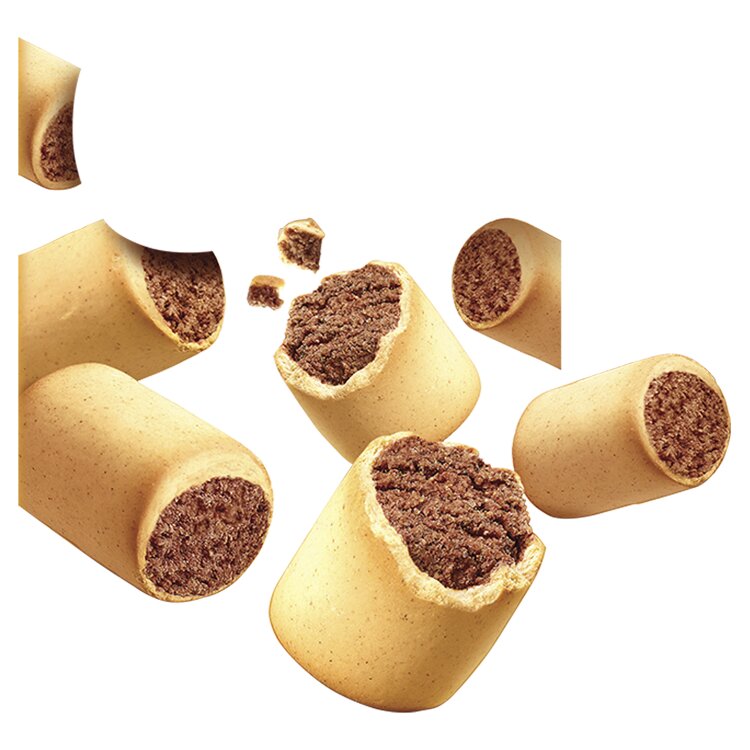 Cylindrical cookies with a chocolate filling on a white background