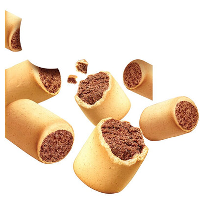 Cylindrical cookies with a chocolate filling on a white background