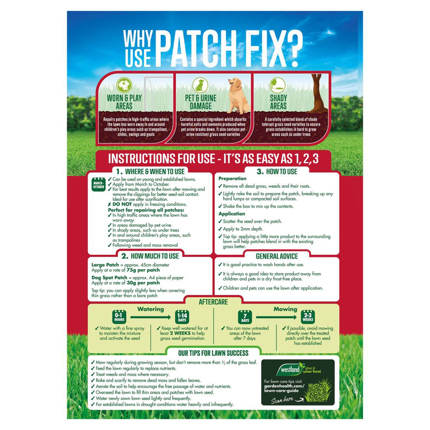 Instructions for using a product called 'Patch Fix' on a grassy background