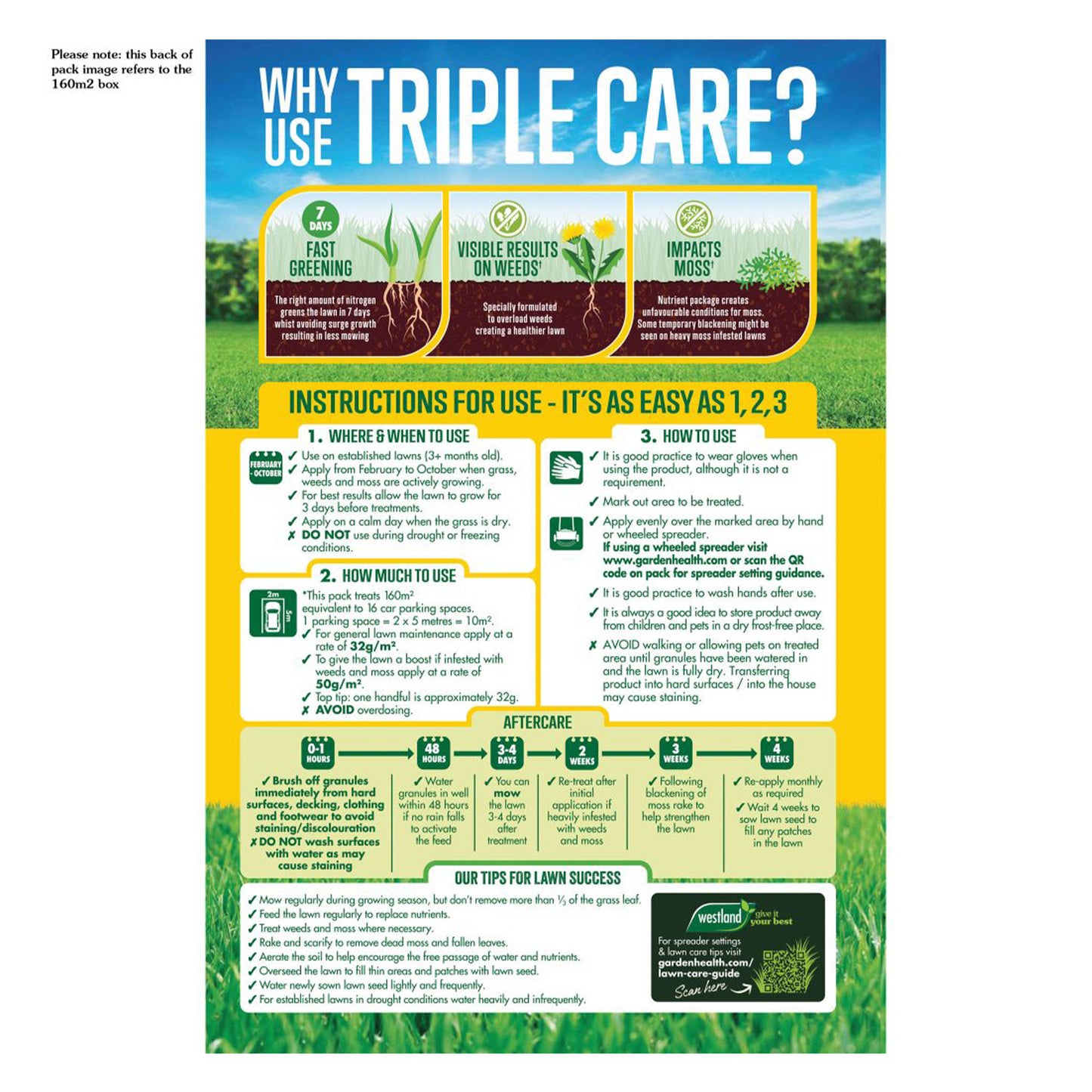 Back of a box of Westland Triple Care 80sqm on a white background