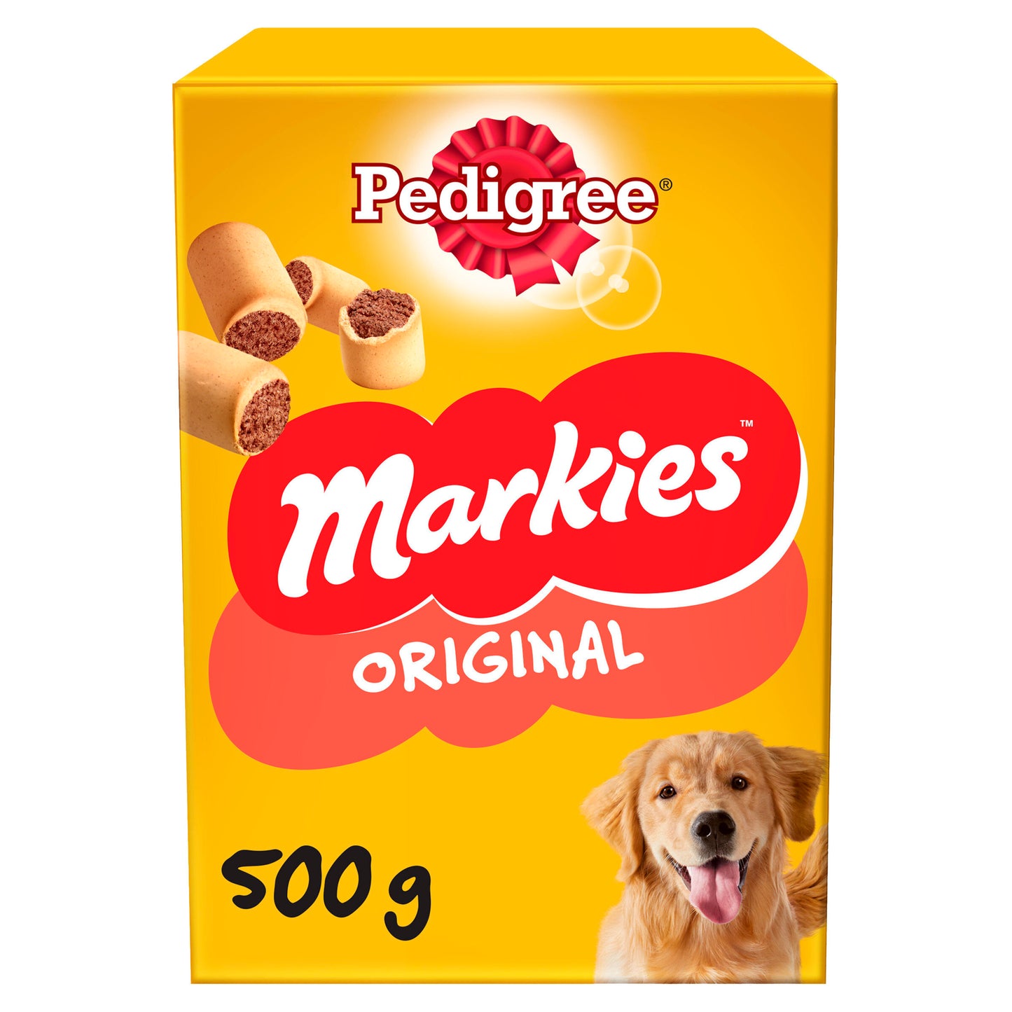 Pedigree Markies Original dog treat packaging with a yellow background