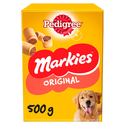 Pedigree Markies Original dog treat packaging with a yellow background