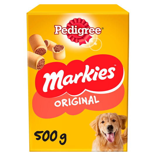 Pedigree Markies Original dog treat packaging with a yellow background