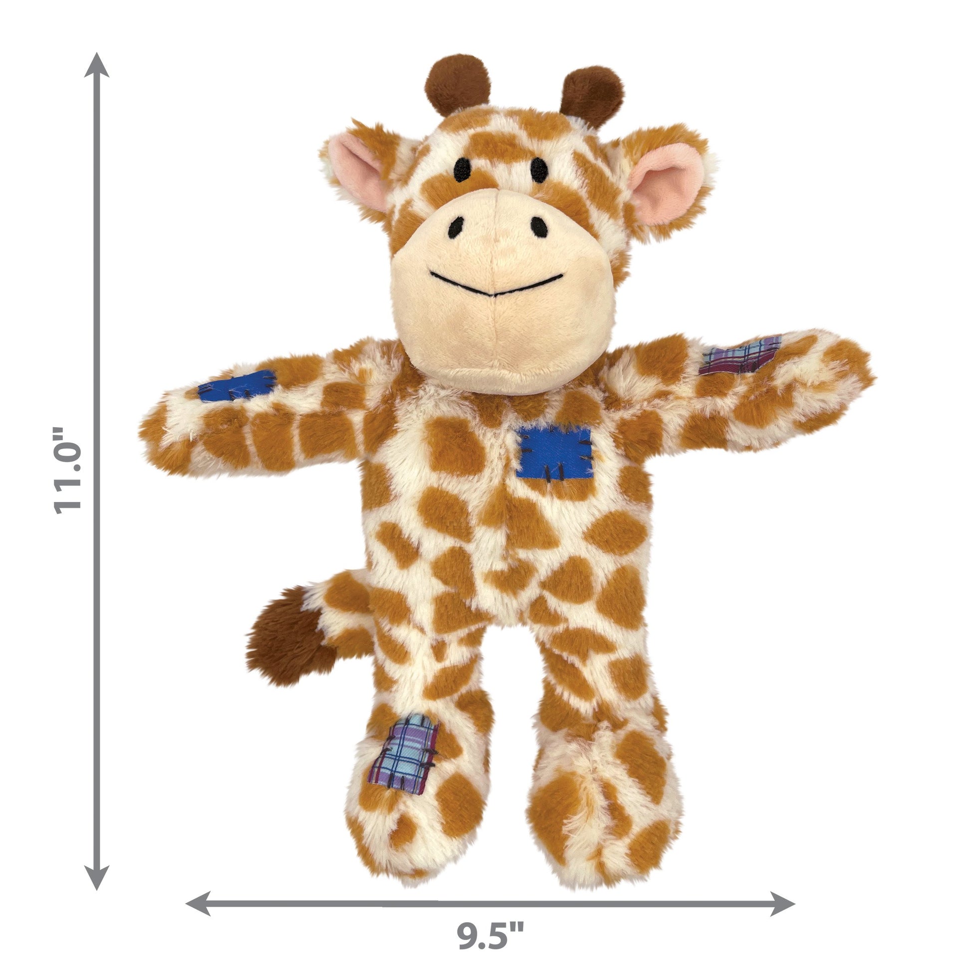 Plush giraffe toy with dimensions on a white background