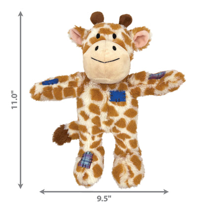 Plush giraffe toy with dimensions on a white background