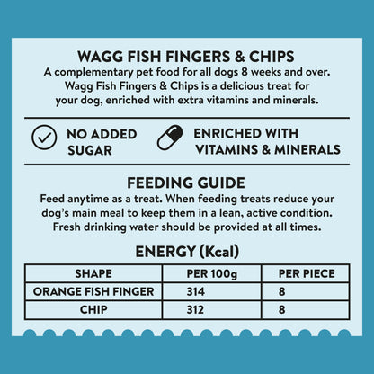 Nutritional information and feeding guide for Wagg Treats Fish Fingers & Chips