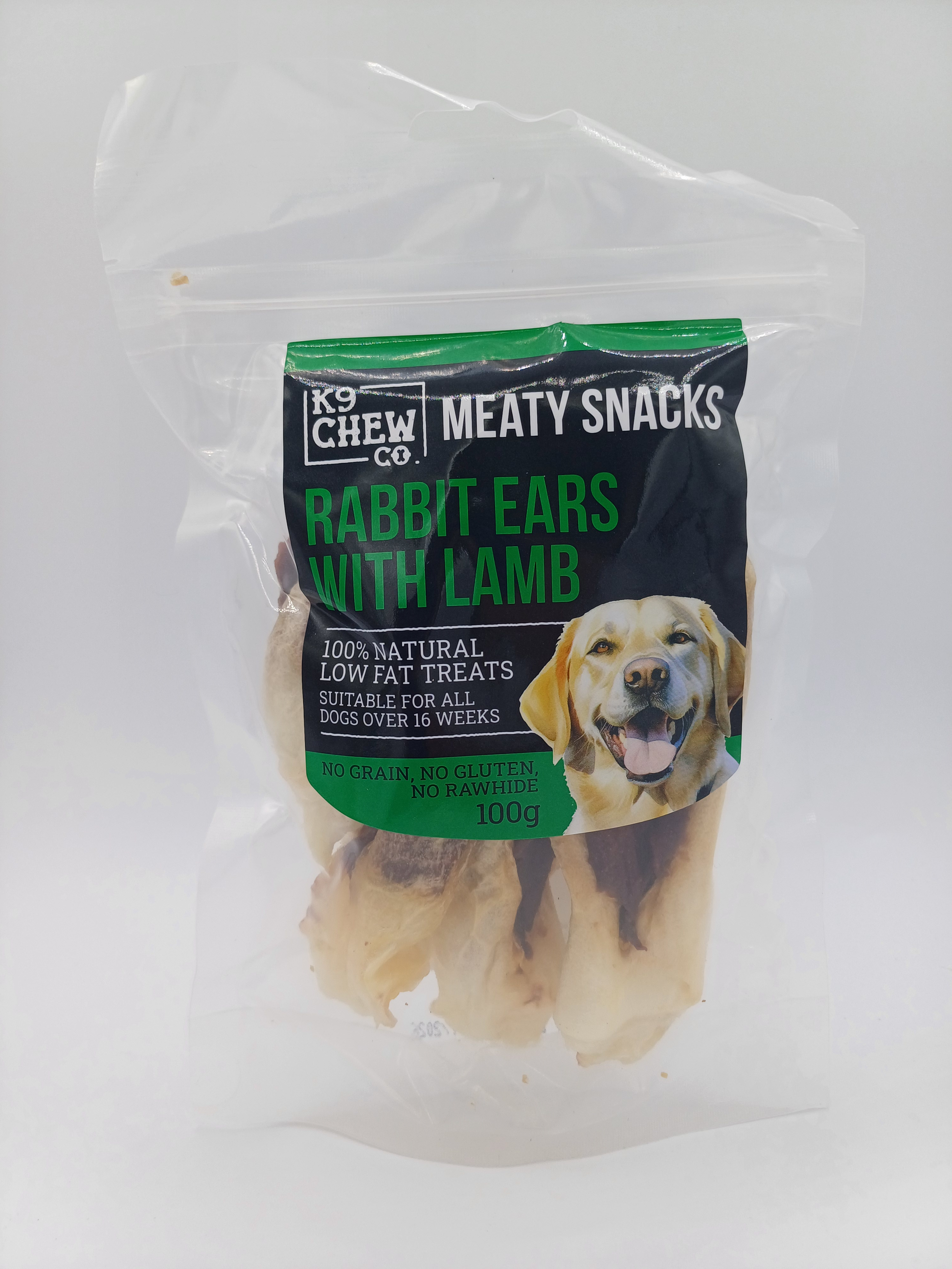 K9 Chew Co. Meaty Snacks Rabbit Ears with Lamb 100g on a white background