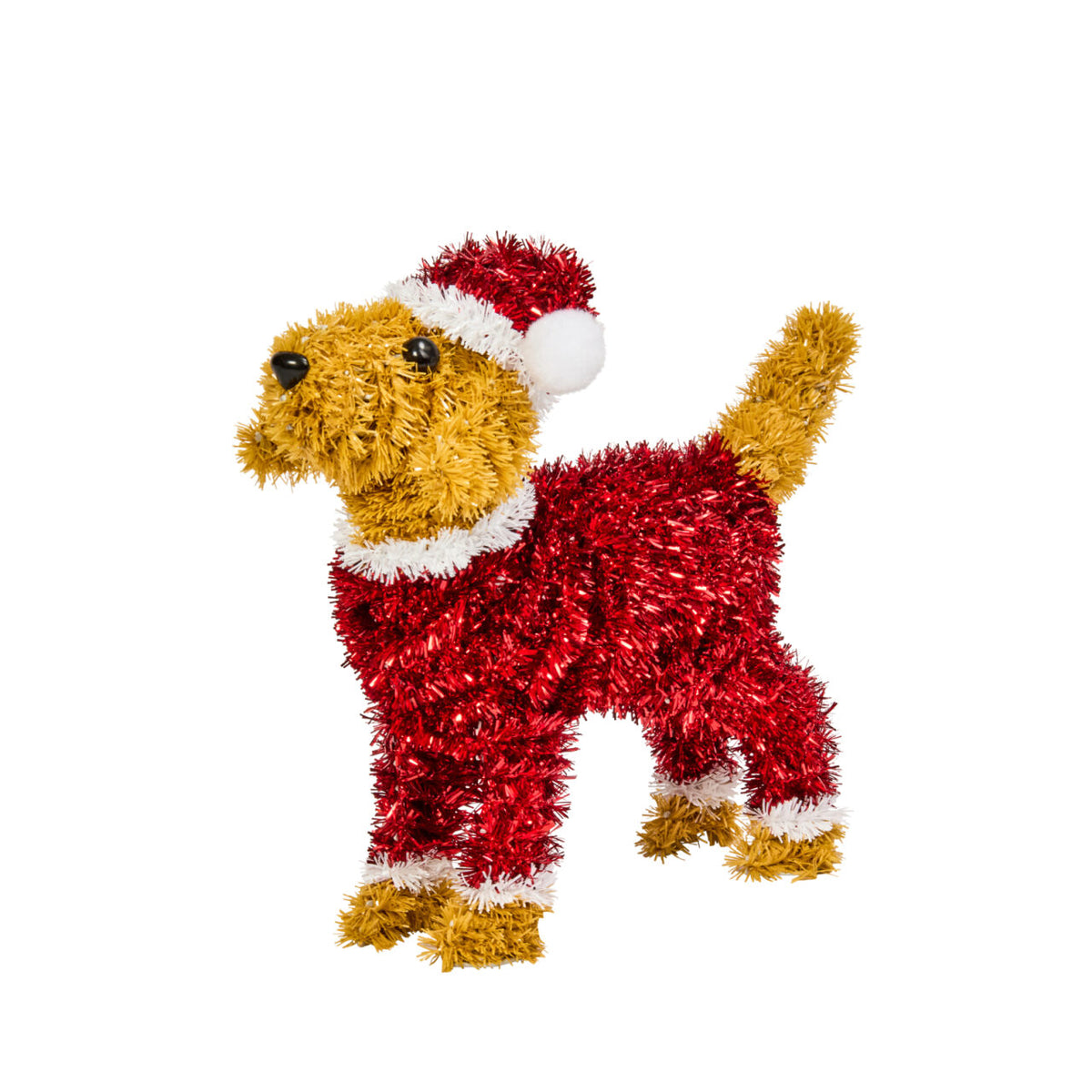 Decorative dog figurine in a red tinsel suit with a Santa hat on a white background
