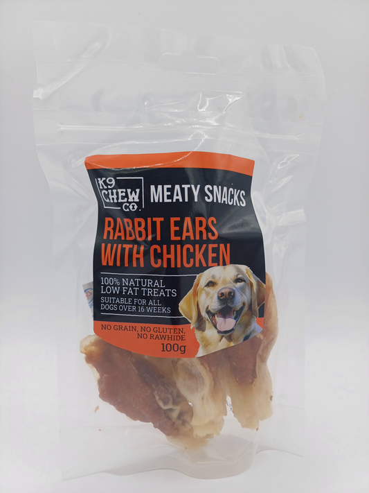 K9 Chew Co. Meaty Snacks Rabbit Ears with Chicken 100g on a white background