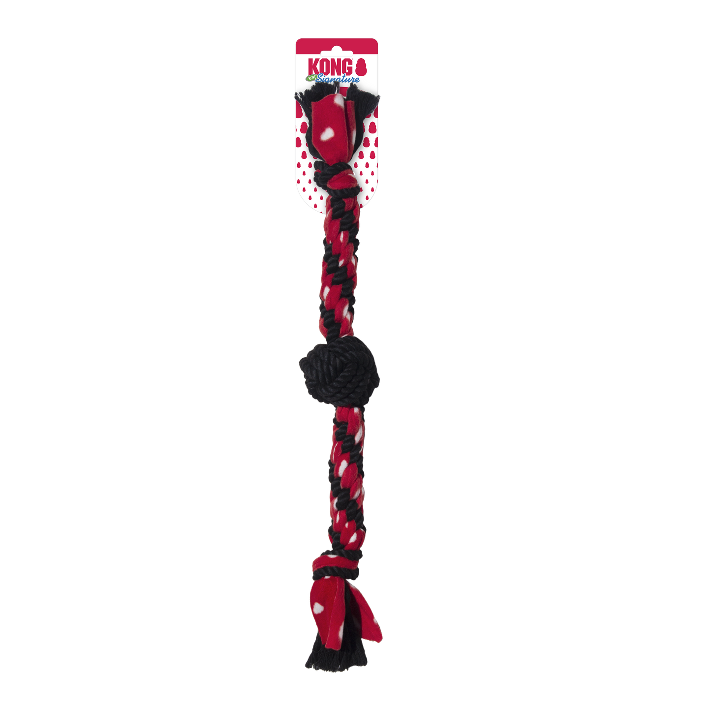 Red and black braided dog toy with a KONG label on a white background