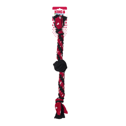 Red and black braided dog toy with a KONG label on a white background