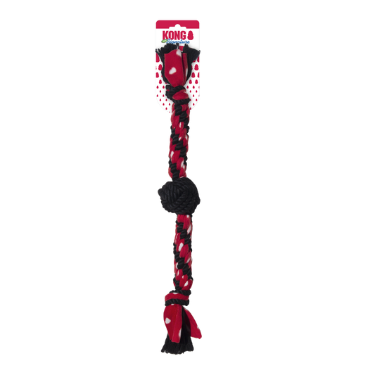Red and black braided dog toy with a KONG label on a white background