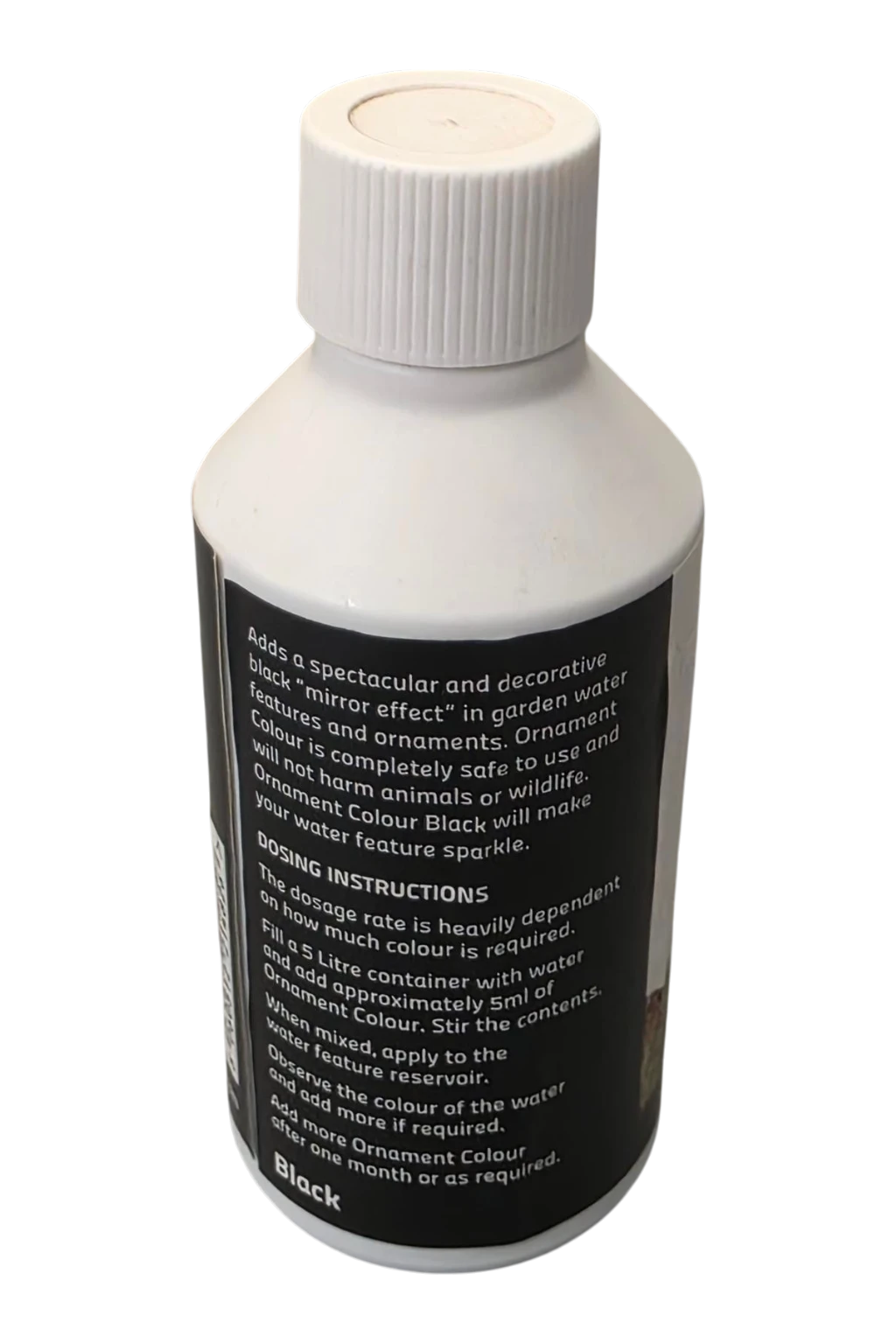 A white plastic bottle with a ribbed screw cap, shown on a plain white background. The bottle has a black label with white text detailing usage instructions and indicating the color 'Black'.
