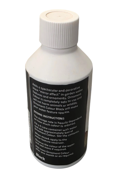 A white plastic bottle with a ribbed screw cap, shown on a plain white background. The bottle has a black label with white text detailing usage instructions and indicating the color 'Black'.