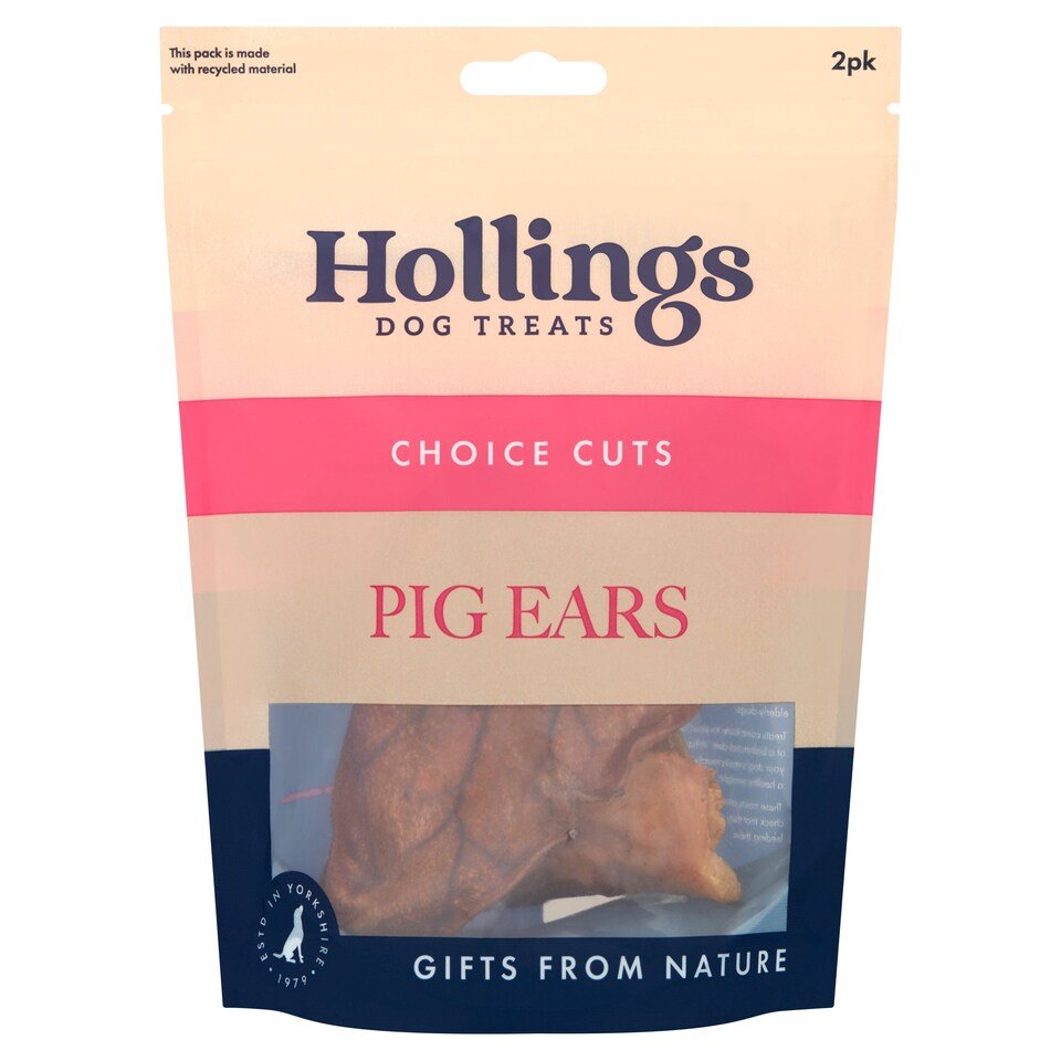 Package of Hollings Dog Treats Choice Cuts Pig Ears on a beige background