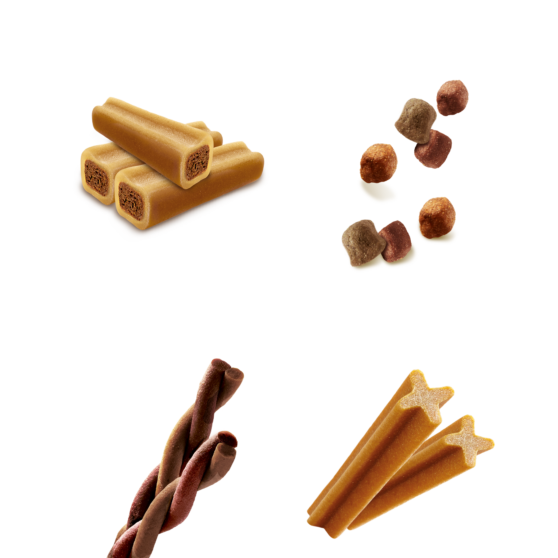 Collection of dog treats including chew sticks, bones, and a braided treat on a white background.
