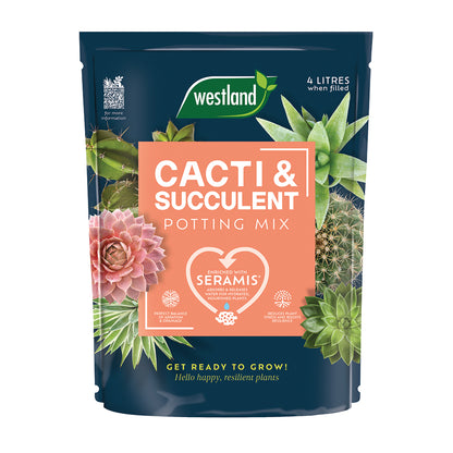 Westland cacti and succulent potting mix packaging with branding and product details.