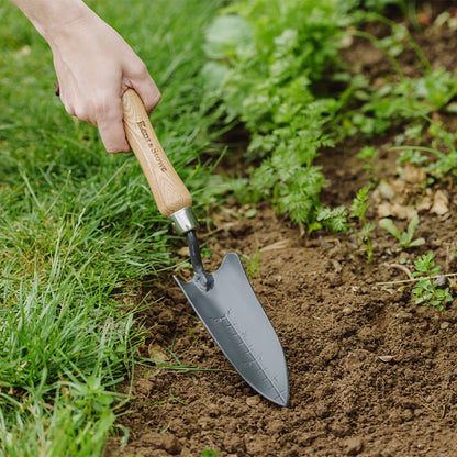 Kent & Stowe Carbon Steel Hand Transplanting Trowel next to a soil bed