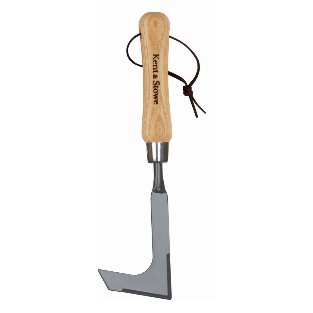 Gardening tool with wooden handle and metal blade on a white background