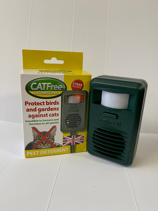 CATFree ultrasonic pest deterrent device with packaging on a white background