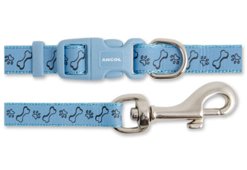 Ancol Small Bite Paw'n' Bone Dog Collar & Lead Set - Baby Blue on a white background