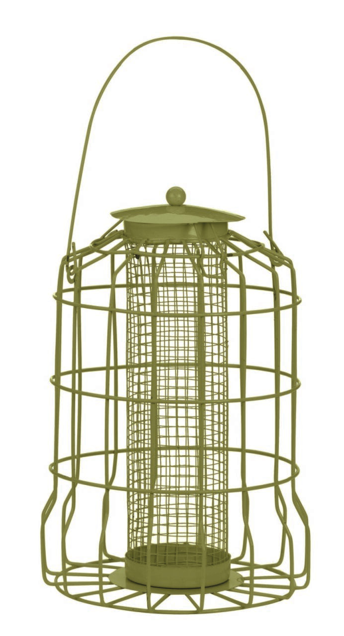 Green bird feeder with a cylindrical wire cage on a white background