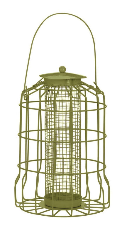 Green bird feeder with a cylindrical wire cage on a white background
