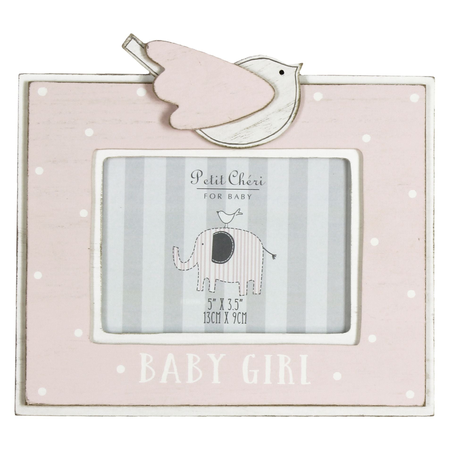 Pink baby girl photo frame with bird design on a white background