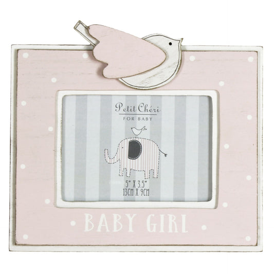 Pink baby girl photo frame with bird design on a white background
