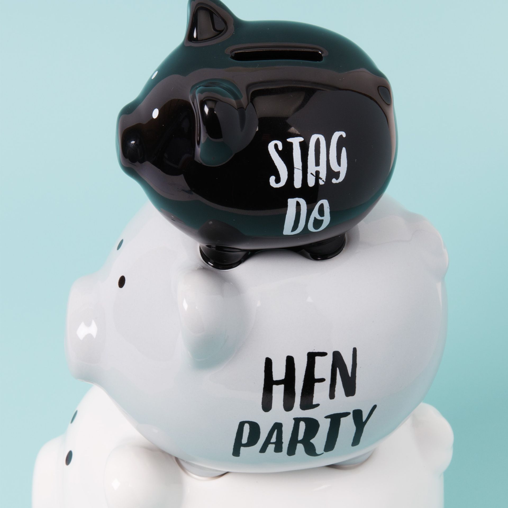 Black piggy bank with 'Stag Do' text on top of a white piggy bank with 'Hen Party' text, against a light blue background.