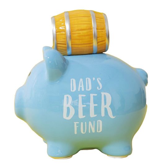 Blue piggy bank with a yellow barrel on top and 'Dad's Beer Fund' text.