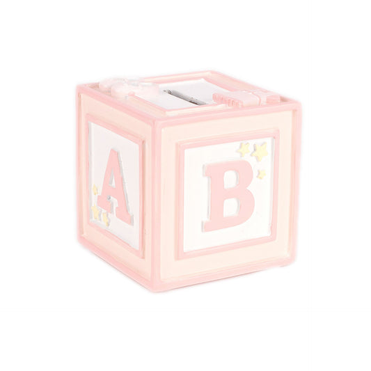 Pink baby block with letters A and B on a white background