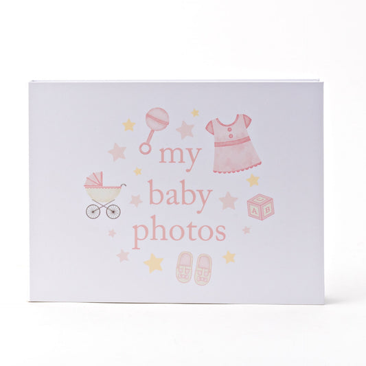Card with 'my baby photos' text and baby-themed illustrations on a white background