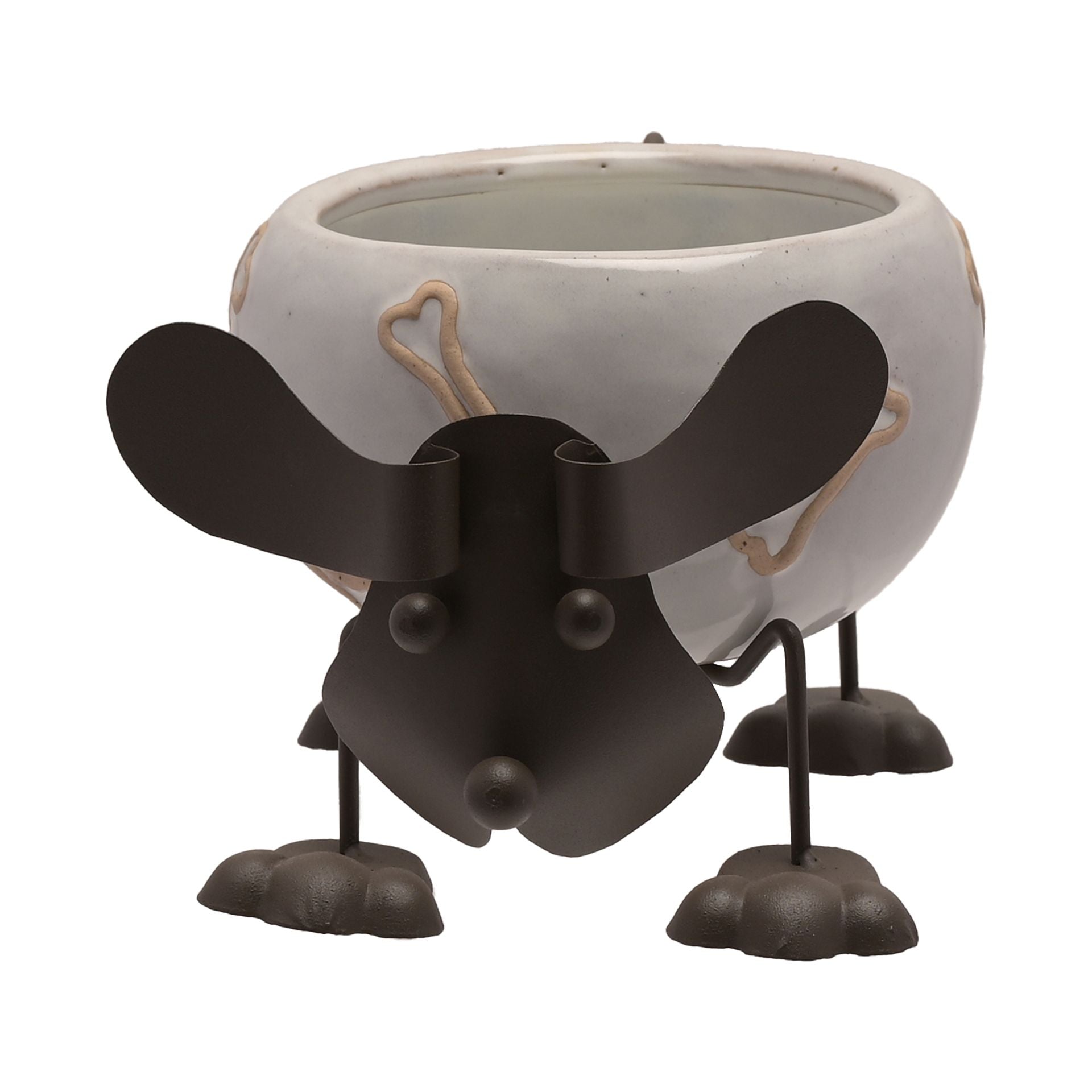 Ceramic planter with a black insect design on a white background
