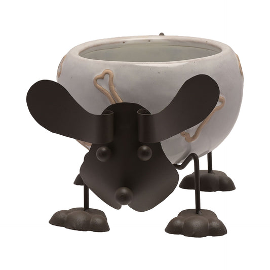 Ceramic planter with a black insect design on a white background