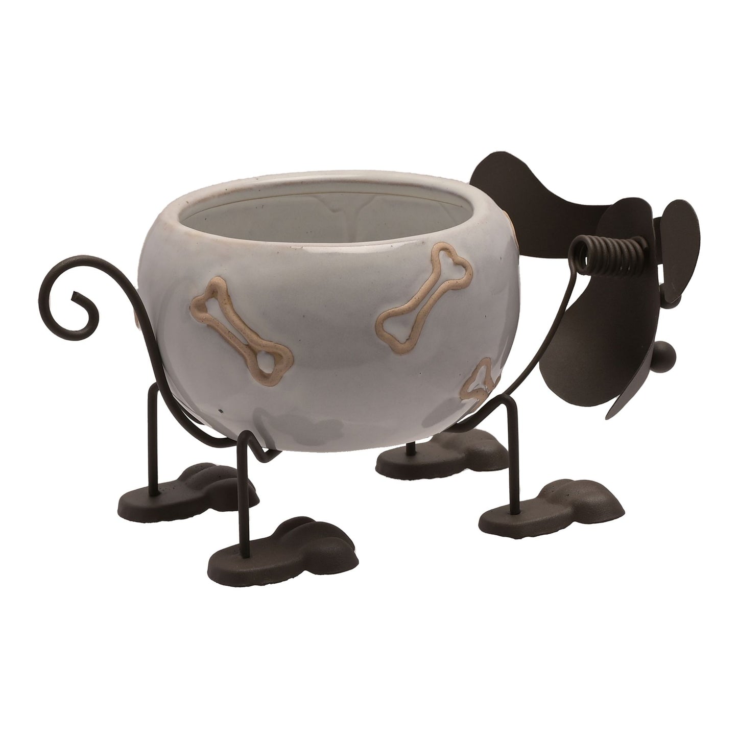 Ceramic dog bowl with metal stand on a white background