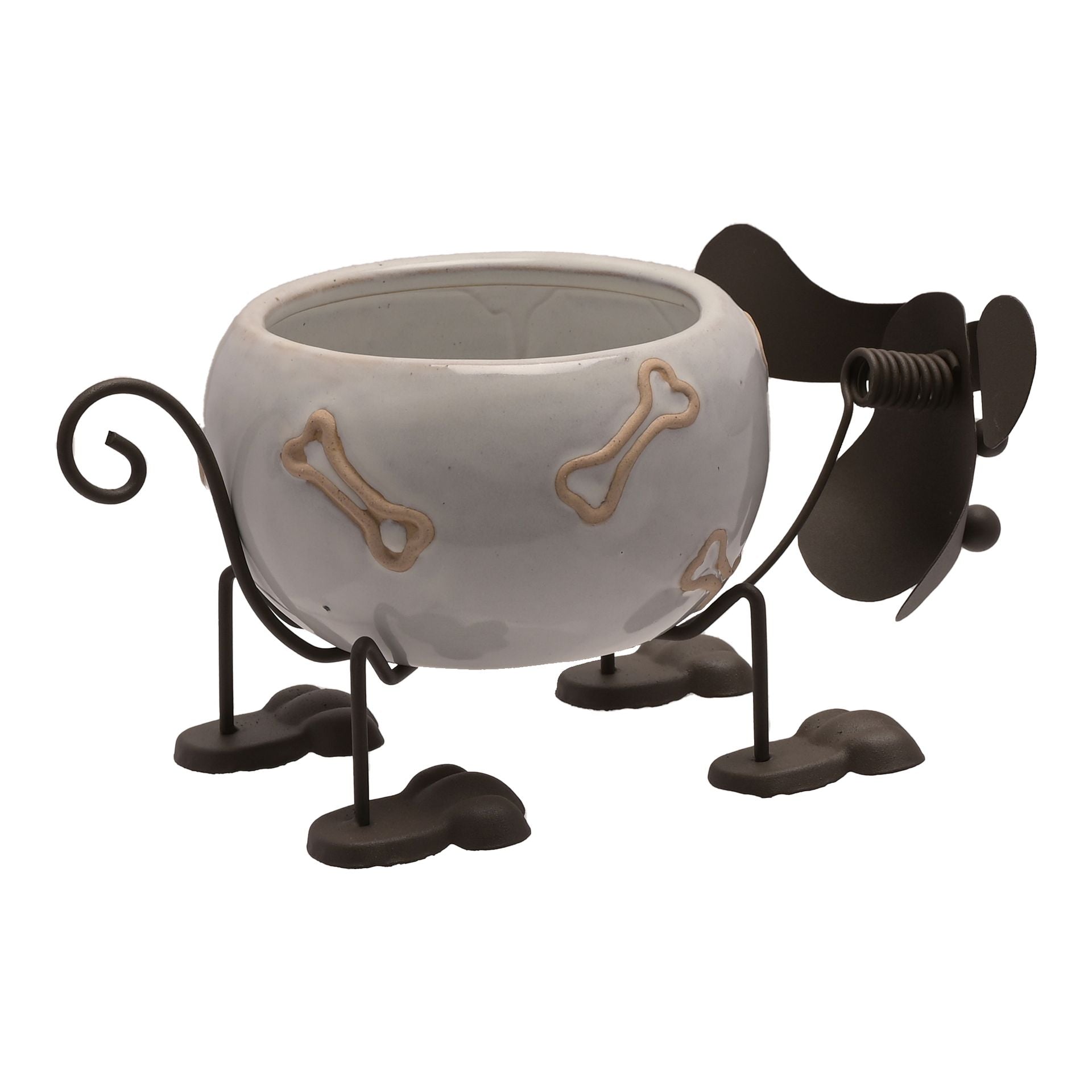 Ceramic dog bowl with metal stand on a white background