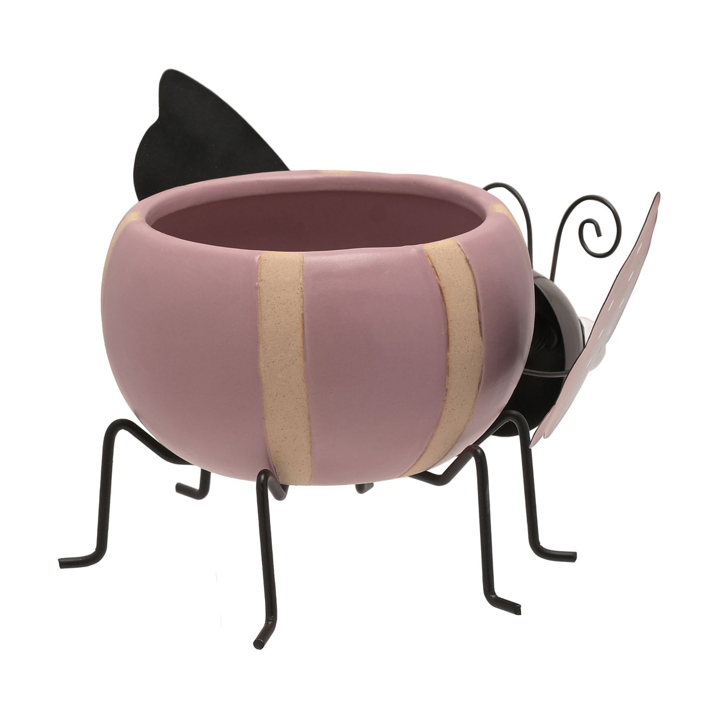 Pink butterfly-shaped planter with a black metal stand on a white background