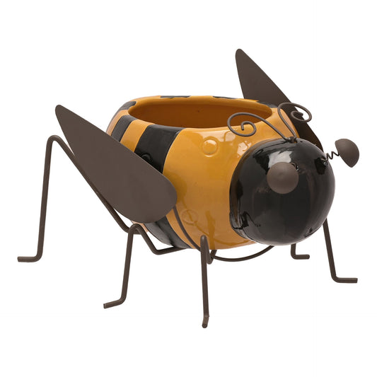 Bee-shaped planter with yellow and black colors on a white background