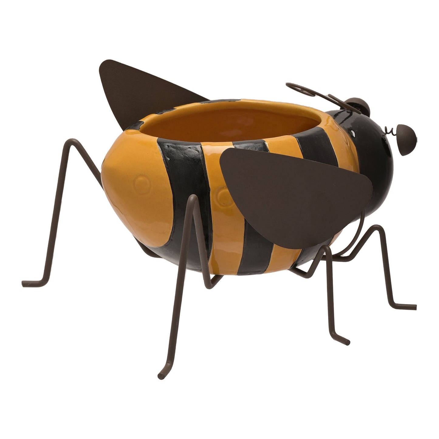 Bee-shaped planter with black and orange stripes on a white background