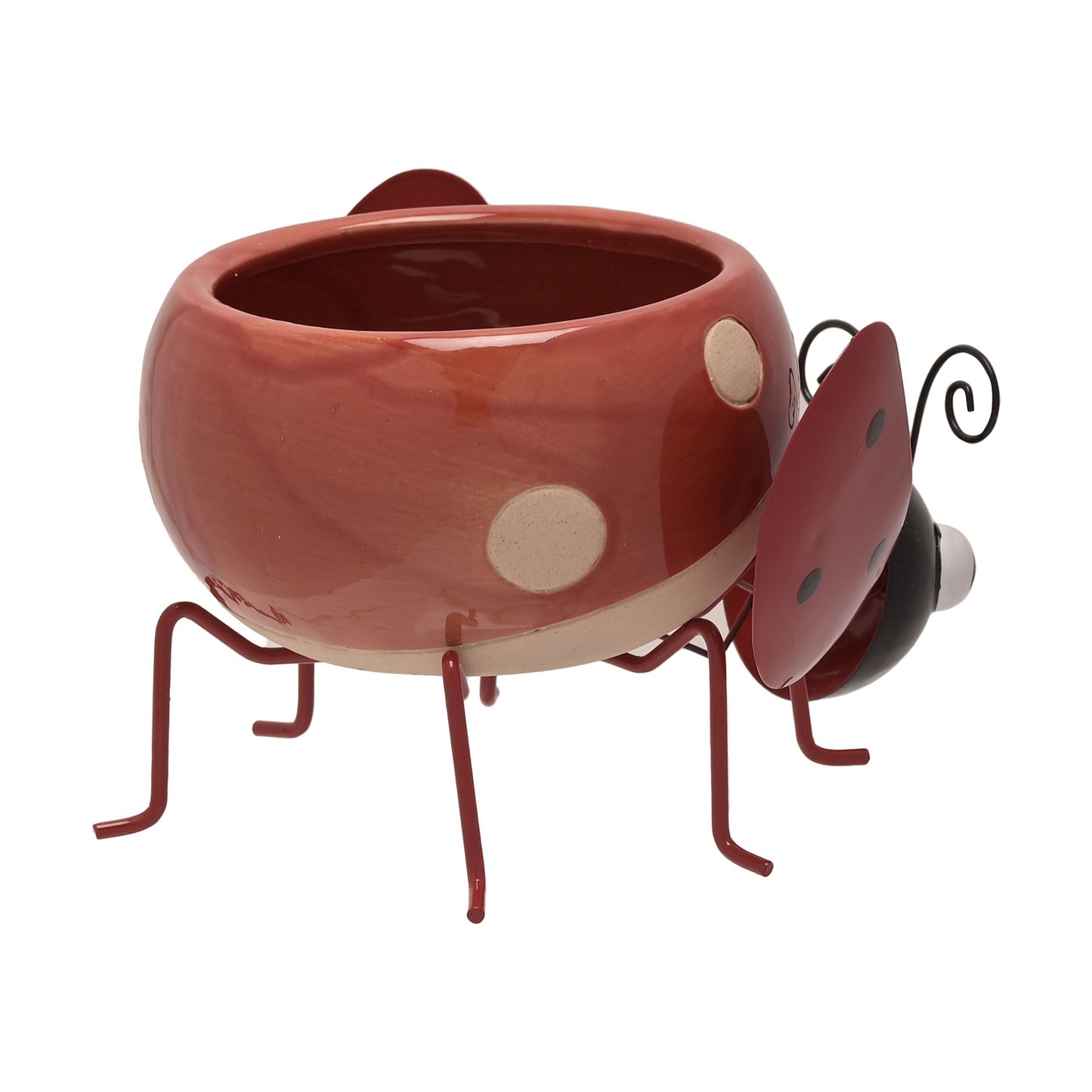 Ceramic ladybug planter with a stand on a white background