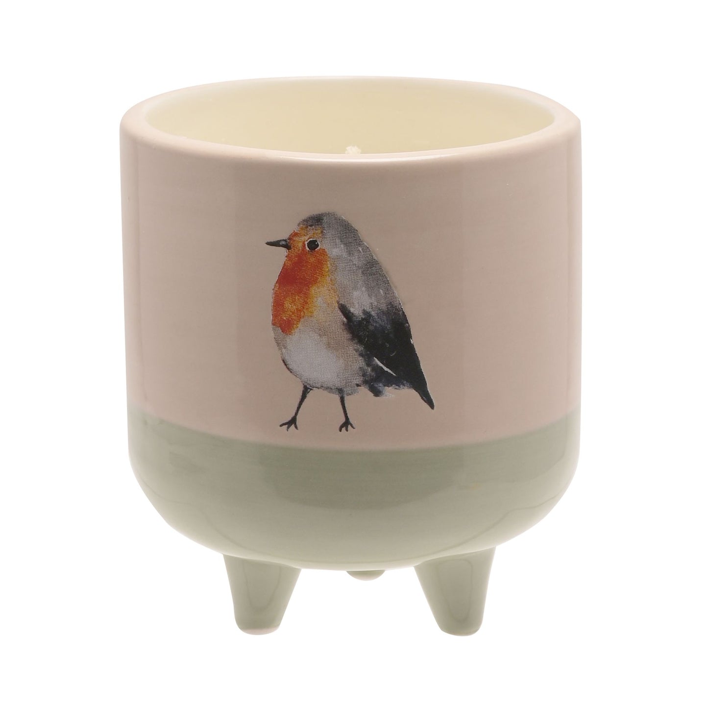 Ceramic pot with a robin design on a white background